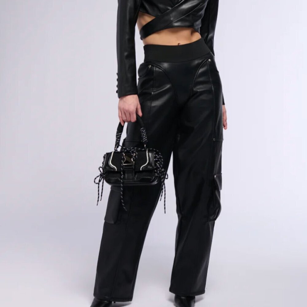 Back From The Matrix Pants Vegan Leather PU Wide Leg Stretch Pant Black Medium